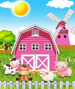 Pink Barn And Animals Diamond Painting