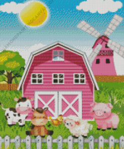 Pink Barn And Animals Diamond Painting