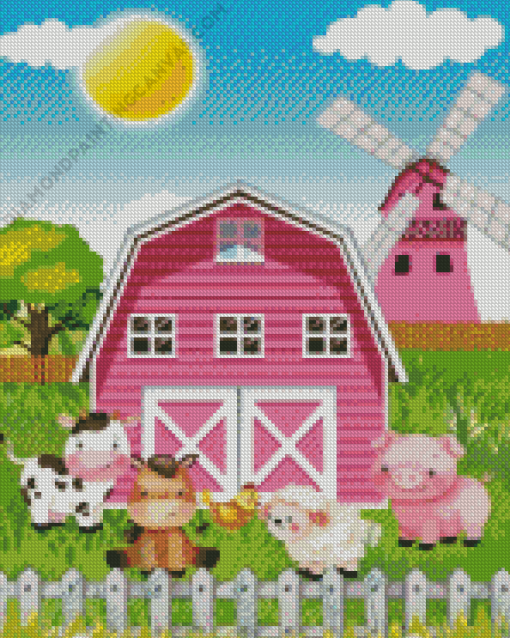 Pink Barn And Animals Diamond Painting