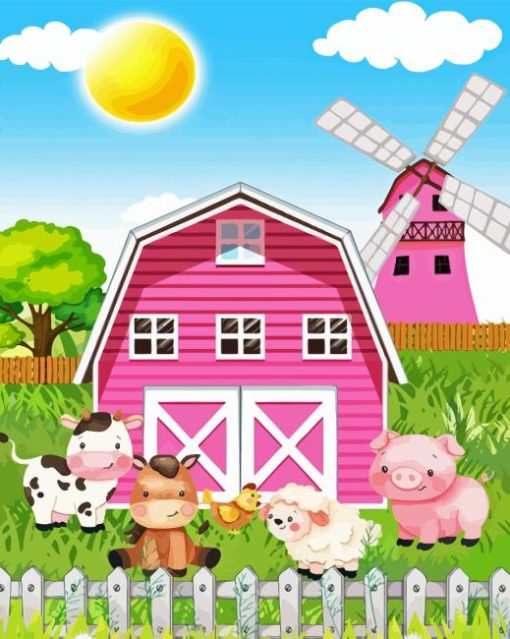 Pink Barn And Animals Diamond Painting