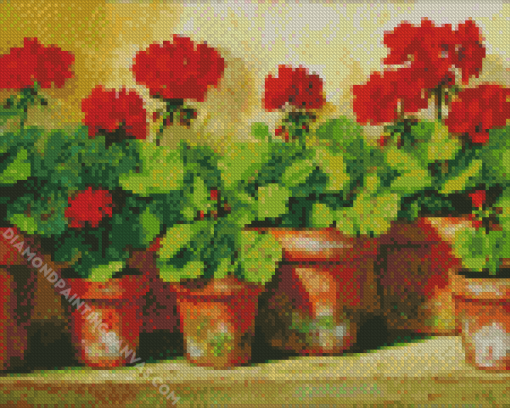 Red Geranium Plant Pots Diamond Painting