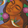 Woman With Birds And Purple Flowers Diamond Painting