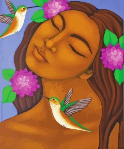 Woman With Birds And Purple Flowers Diamond Painting