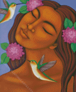 Woman With Birds And Purple Flowers Diamond Painting