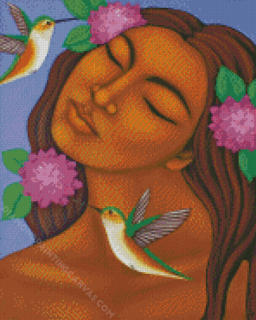 Woman With Birds And Purple Flowers Diamond Painting