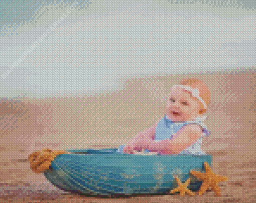 Baby Girls At Beach On Boat Diamond Painting