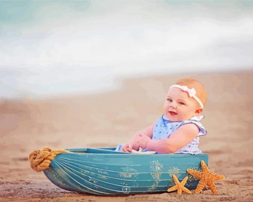 Baby Girls At Beach On Boat Diamond Painting