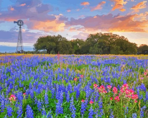 Texas Bluebonnets With Windmill Diamond Painting