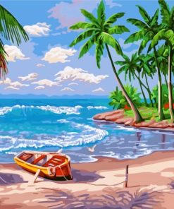 Beach Coconut Trees Fishing Boat Diamond Painting