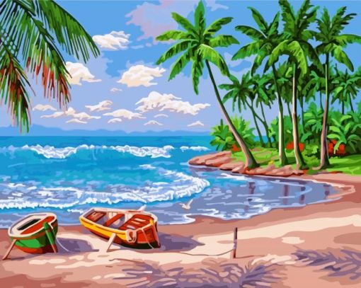 Beach Coconut Trees Fishing Boat Diamond Painting