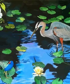 Blue Heron In A Swamp With Lilies Diamond Painting