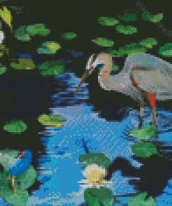 Blue Heron In A Swamp With Lilies Diamond Painting