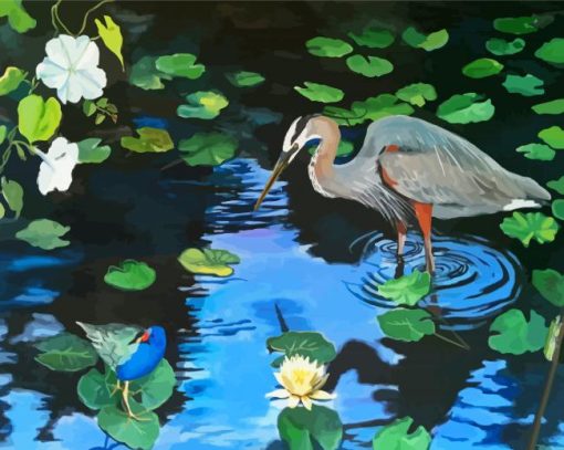 Blue Heron In A Swamp With Lilies Diamond Painting