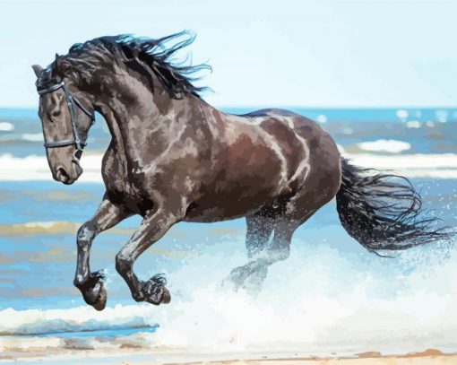 Friesian Horse On Beach Diamond Painting