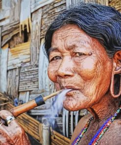 Indigenous Old Woman Smoking Pipe Diamond Painting