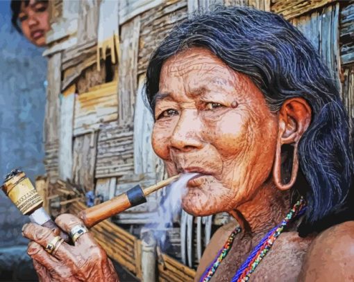 Indigenous Old Woman Smoking Pipe Diamond Painting