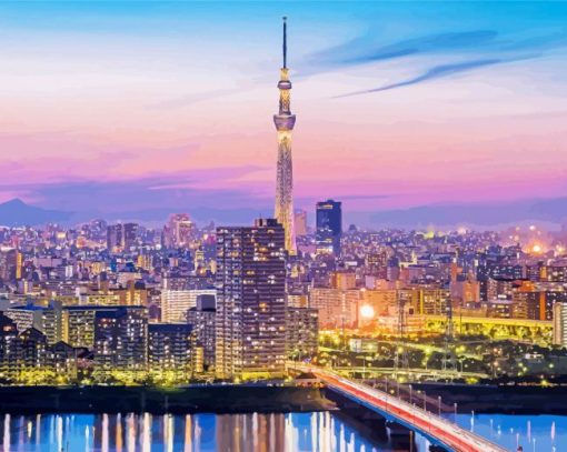 Tokyo Skytree Japan At Sunset Diamond Painting