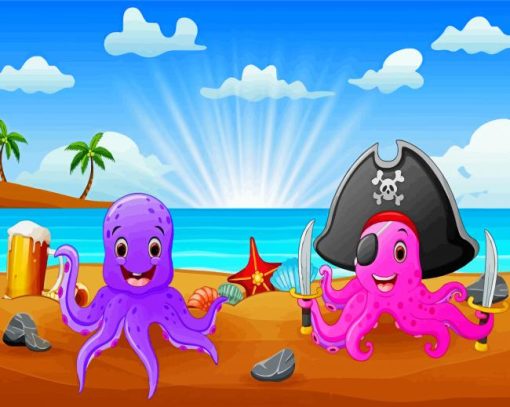 Cartoon Octopus In Beach Diamond Painting