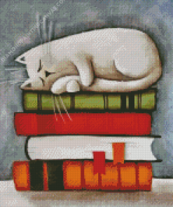 White Cat On Books Diamond Painting