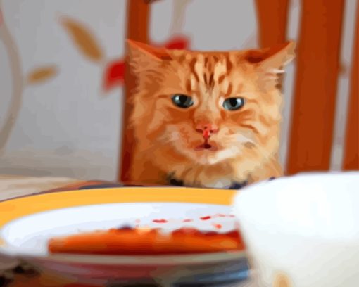 Cat At Dinner Table Diamond Painting