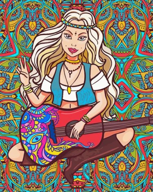 Hippie Girl Playing Guitar Diamond Painting