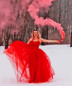 Woman In Red Long Dress In Snow Diamond Painting