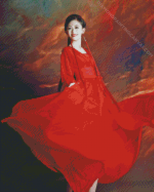 Chinese Lady With Red Dress Diamond Painting