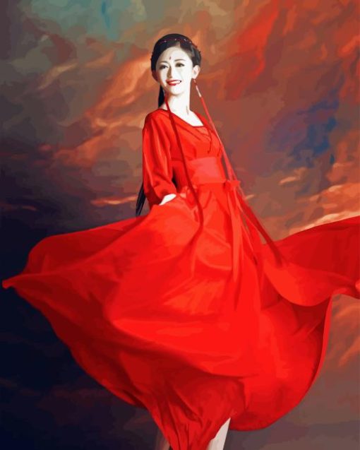 Chinese Lady With Red Dress Diamond Painting