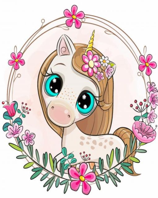 Cute Unicorn With Flowers Diamond Painting