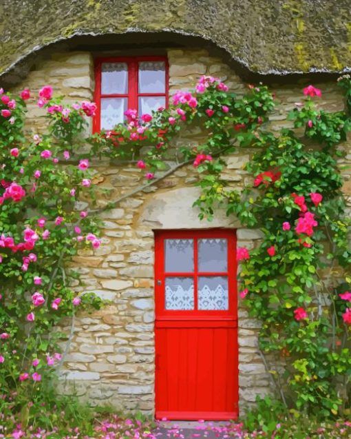 Red Door With Flowers Diamond Painting