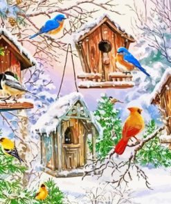 Winter Birdhouses Christmas Diamond Painting