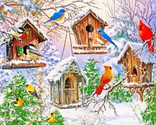 Winter Birdhouses Christmas Diamond Painting