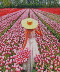 Woman In Field Of Pink Flowers Diamond Painting