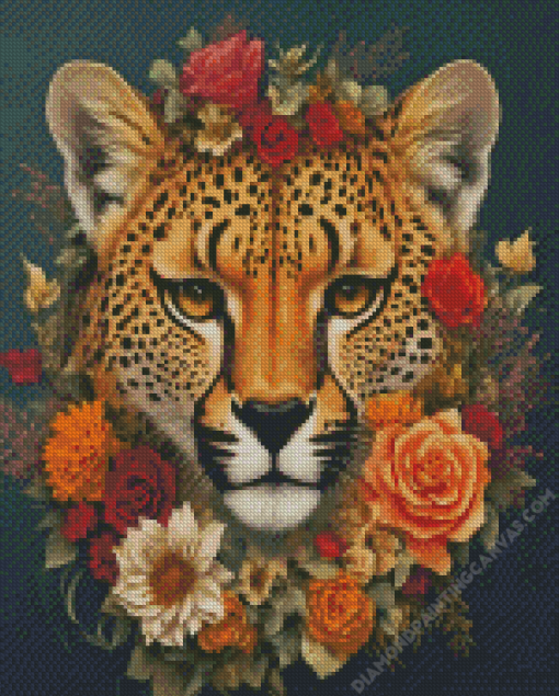 Cheetah Head With Flowers Diamond Painting