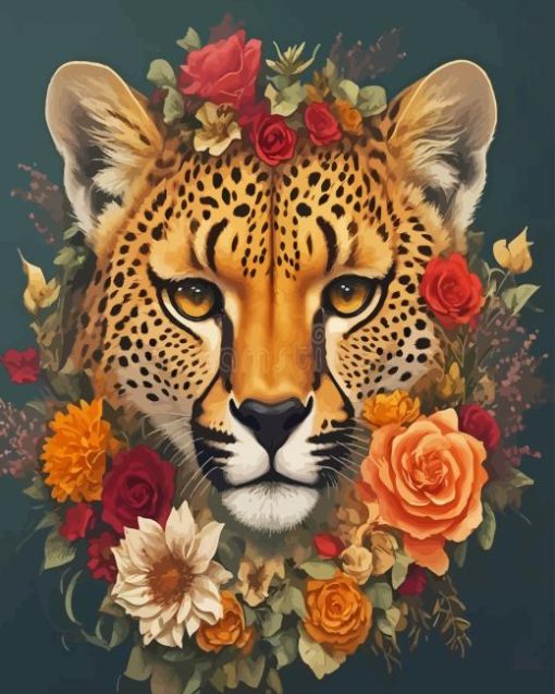 Cheetah Head With Flowers Diamond Painting