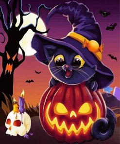 Kitten Witch With Pumpkin Diamond Painting