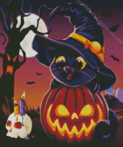 Kitten Witch With Pumpkin Diamond Painting