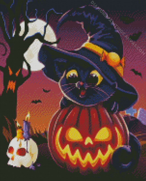 Kitten Witch With Pumpkin Diamond Painting