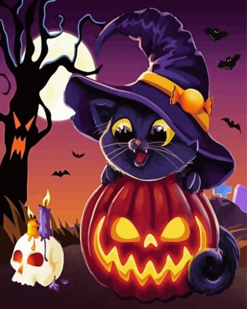 Kitten Witch With Pumpkin Diamond Painting