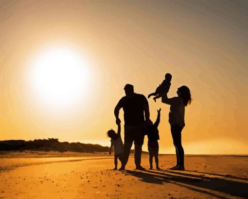 Family Silhouette On Beach Diamond Painting