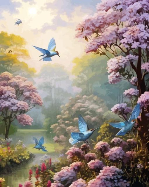 Hummingbirds And Hydrangeas Diamond Painting