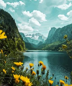 Yellow Flowers And Lake Diamond Painting