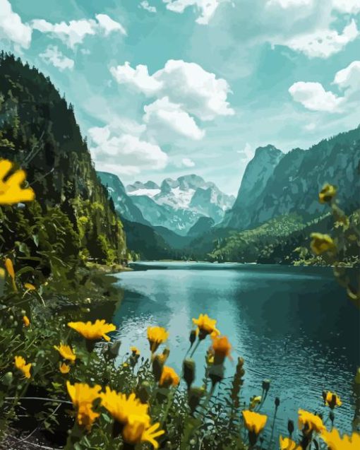 Yellow Flowers And Lake Diamond Painting